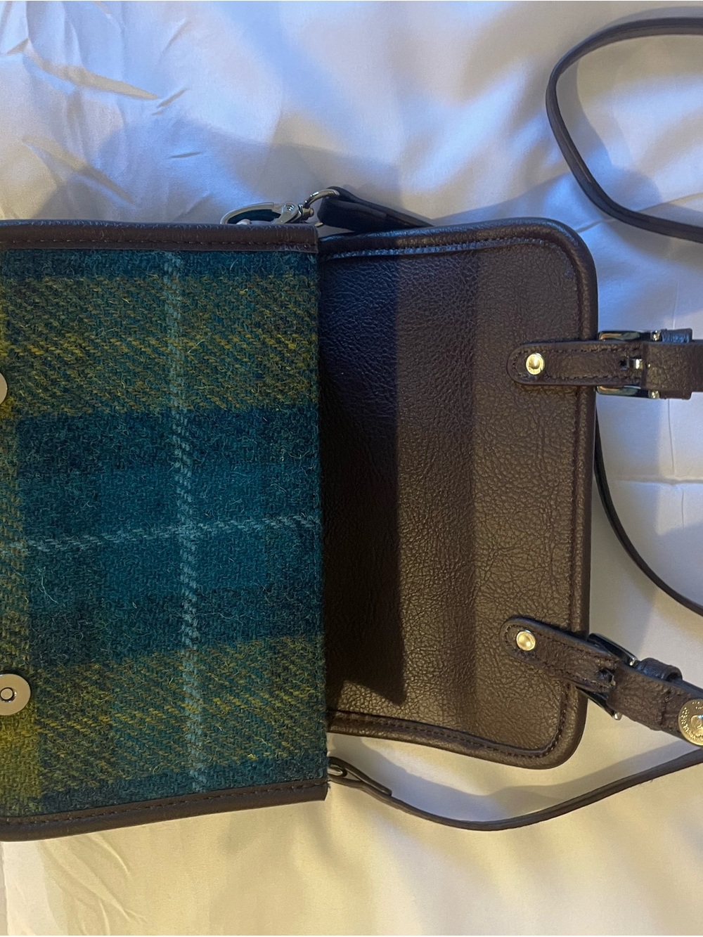Plaid Wool-Blend Messenger Bag in Teal and Olive with Brown Trim - Picture 5 of 6